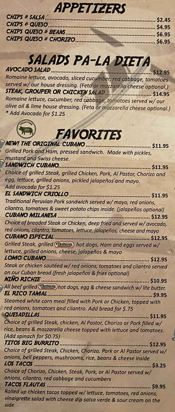 Cali N Tito's Lumpkin menu page 1