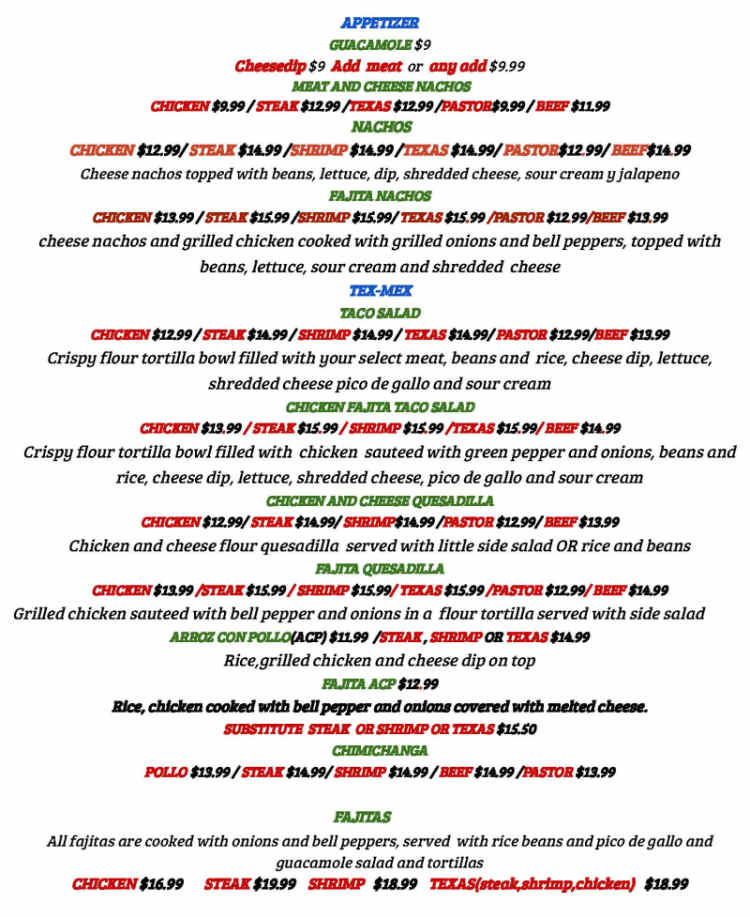 El Bajio menu page 1