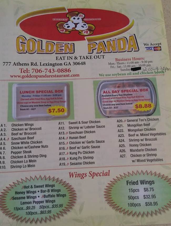 Golden Panda Lex menu page 1