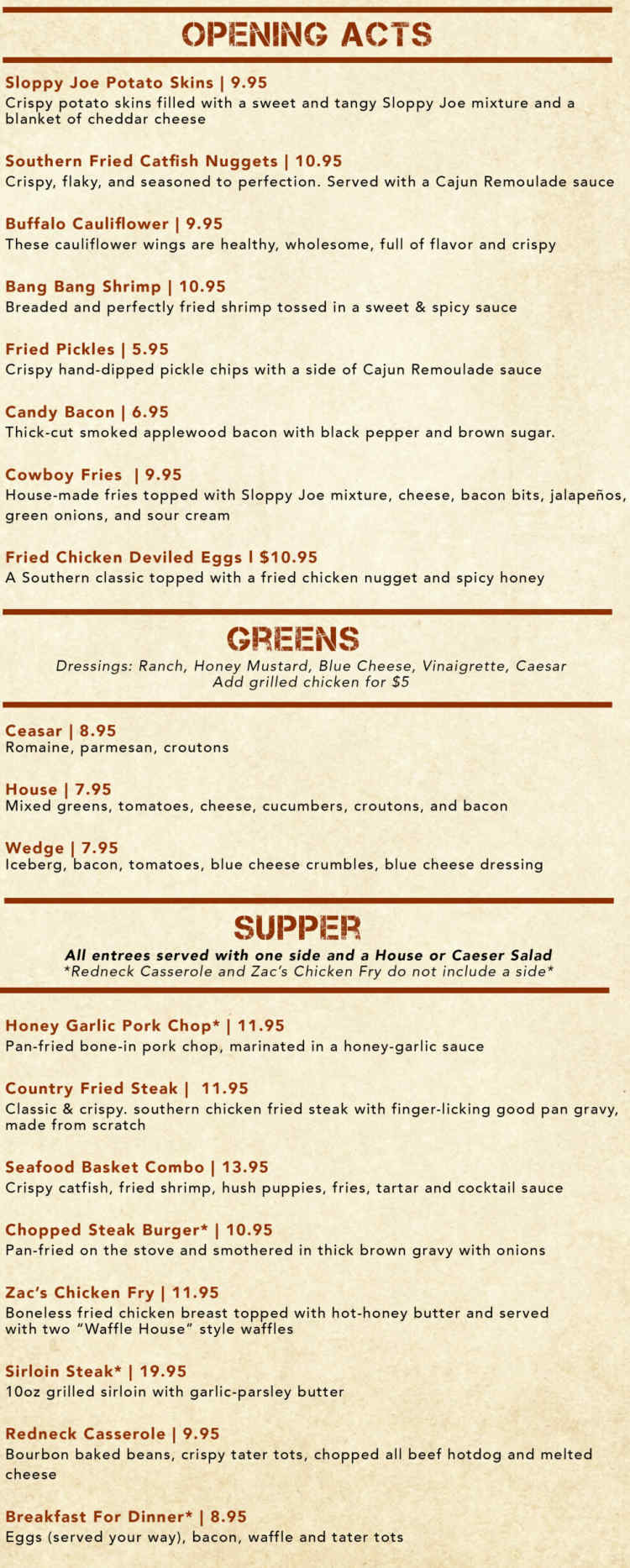 Harold's Honky Tonk menu page 1