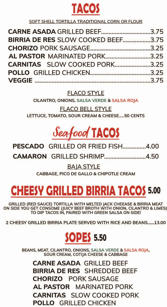 Flacos House menu page 1