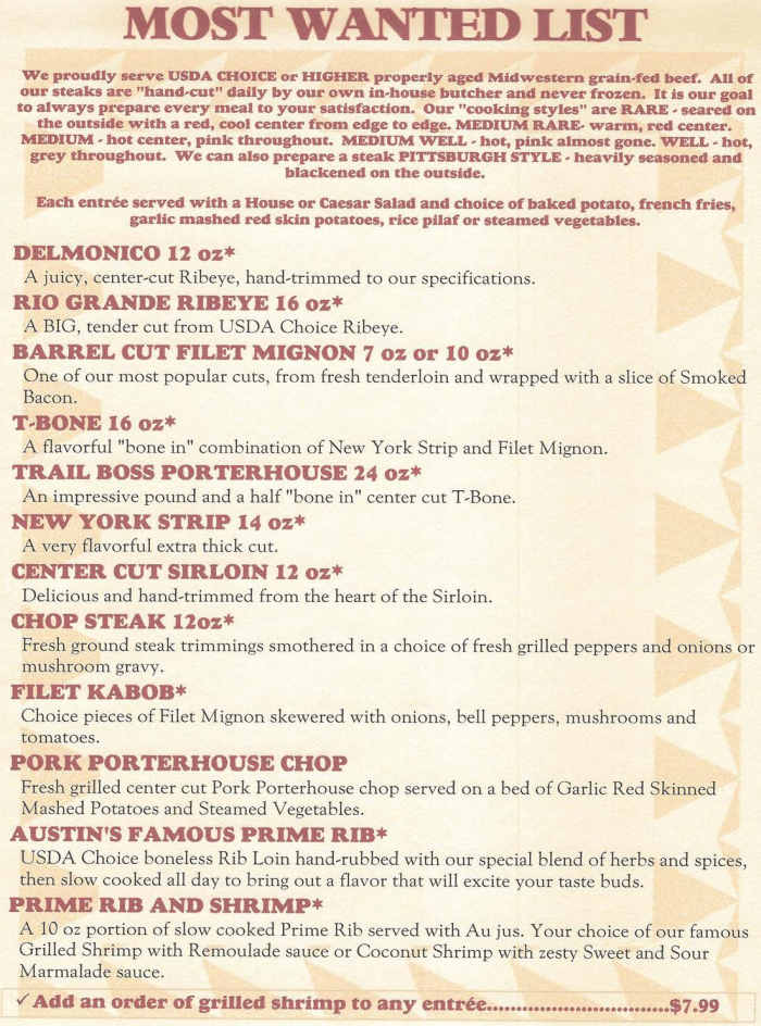 Austin's Cattle Company Menu, Valdosta, GA