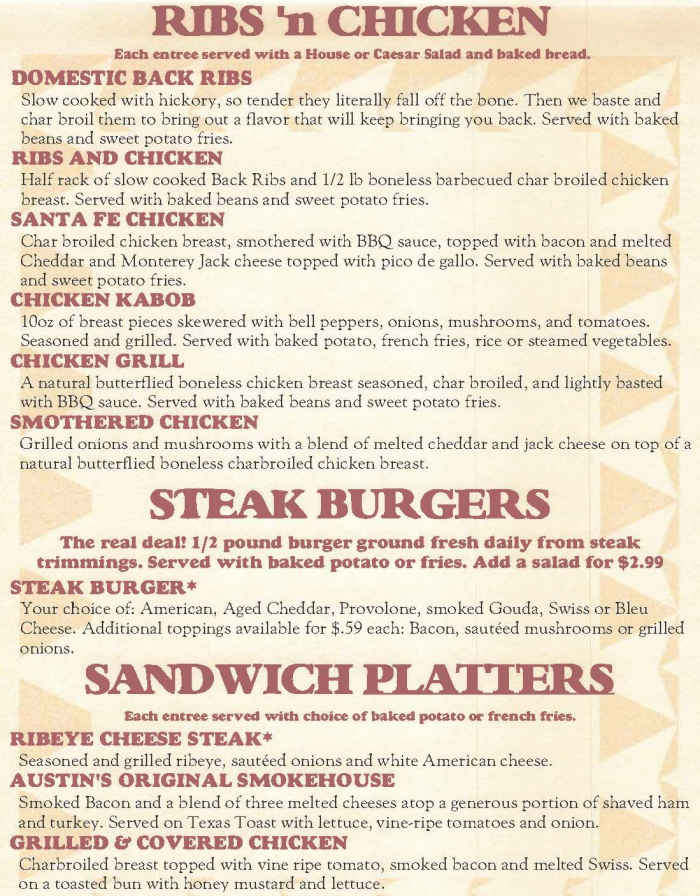 Austin's Cattle Company Menu, Valdosta, GA