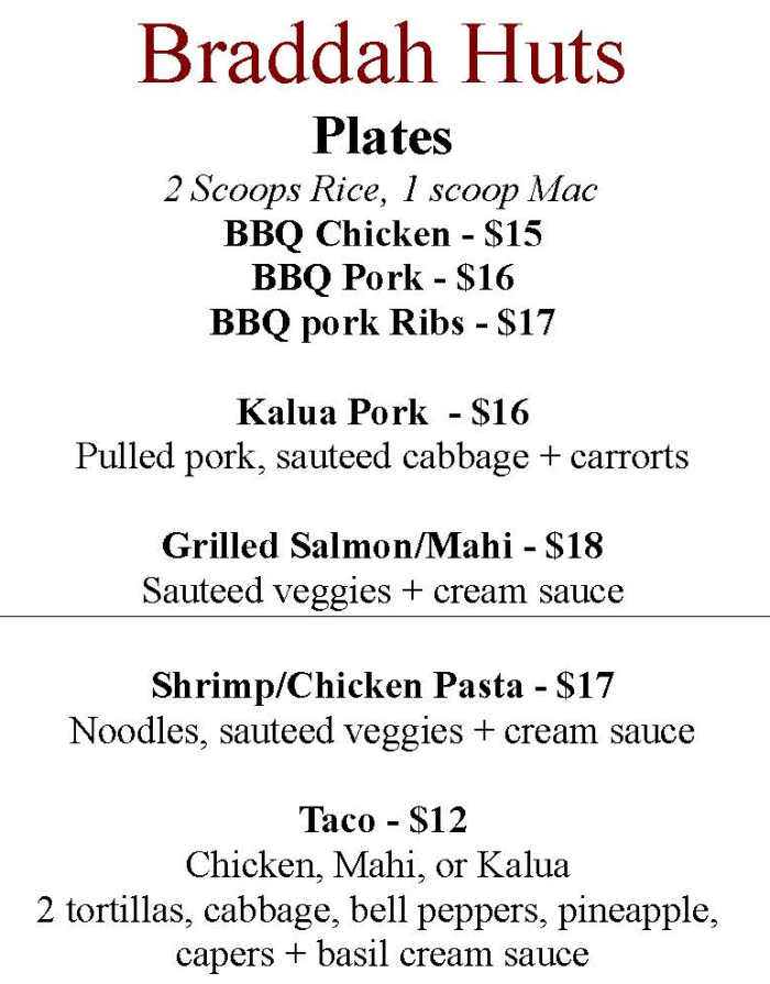 Braddah Hutts BBQ menu page 1
