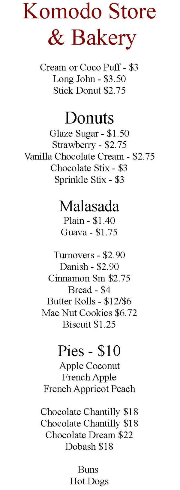 Komoda Store & Bakery menu page 1