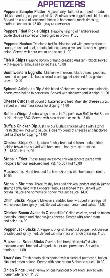 Peppers Grill & Sports Pub menu page 1