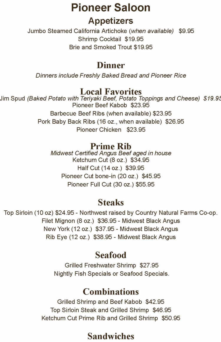 Pioneer Saloon menu page 1