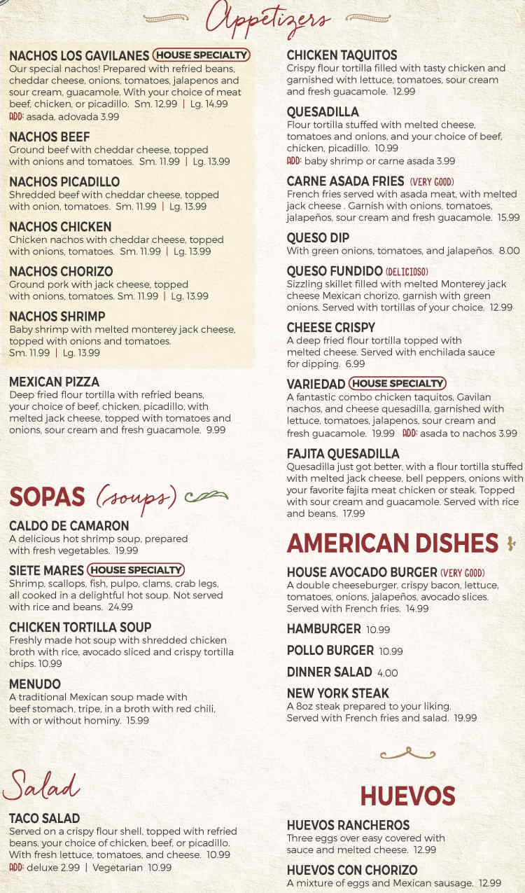 Los Gavilanes Mexican Grill menu page 1