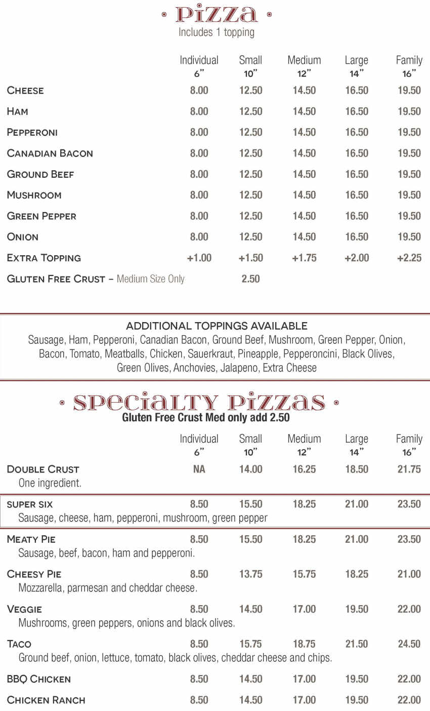 Larry A's Pizza menu page 1