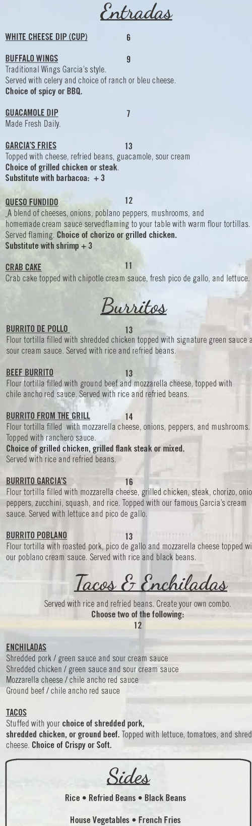 Garcia's Mexican menu page 1