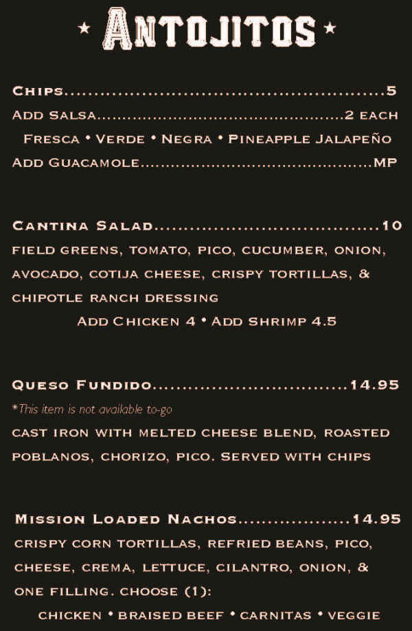 Mission Cantina menu page 1