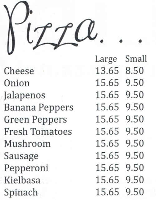 Holiday Pizza menu page 1