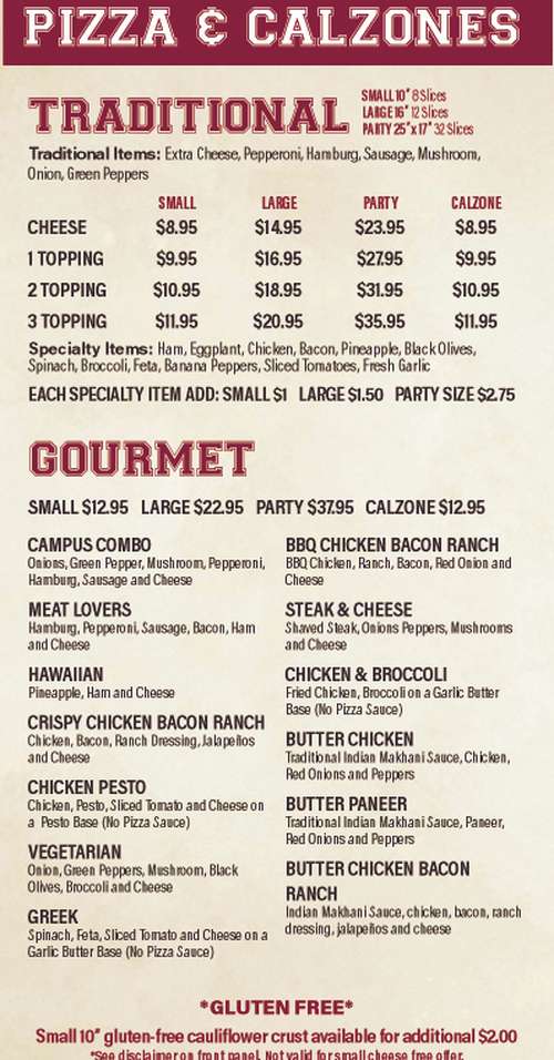Campus Pizza menu page 1