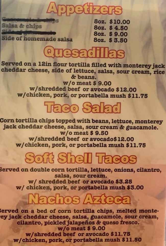 Taqueria Azteca menu page 1