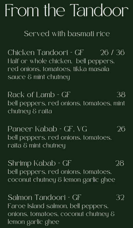 Indri Menu Indra Indian Fusion Menu, Lenox, MA