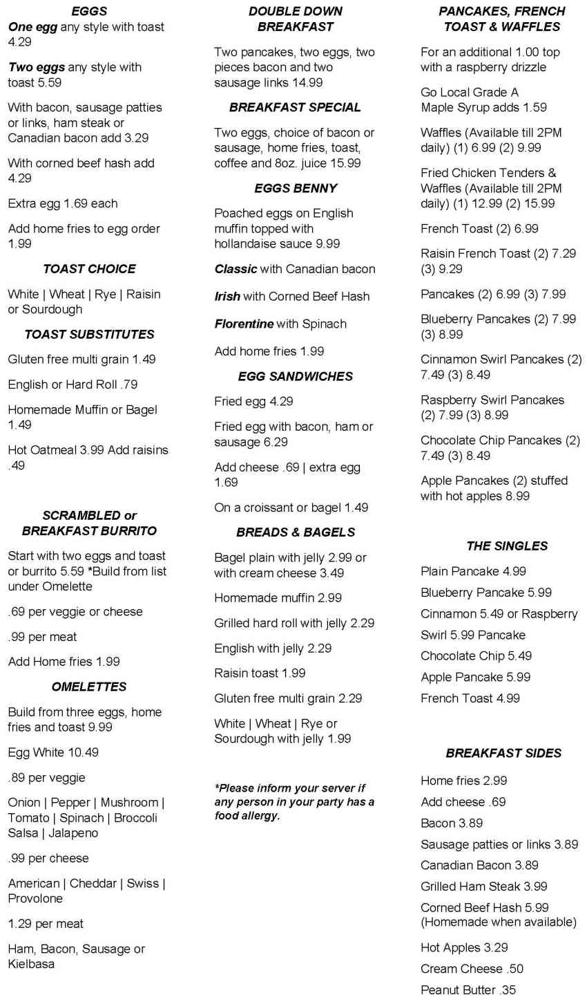 Bluebonnet Diner menu page 1