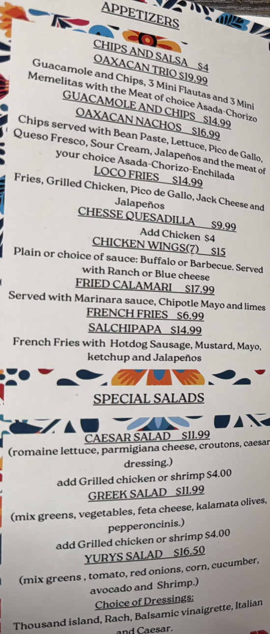 Yury's Kitchen menu page 1