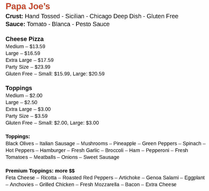 Papa Joe's menu page 1