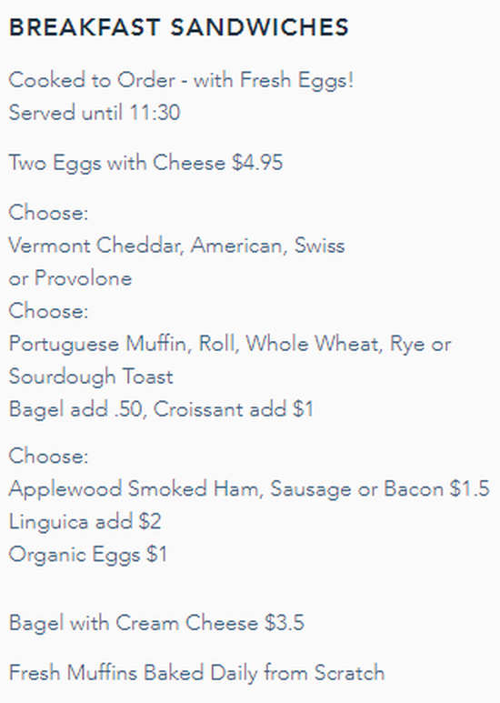 East End Marketplace menu page 1