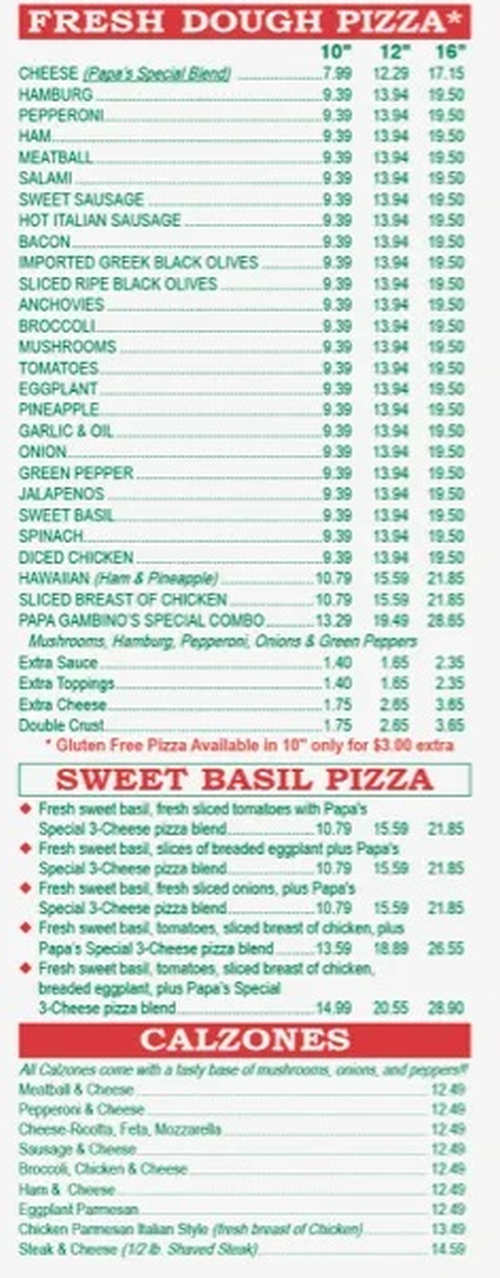 Papa Gambino's Hammond menu page 1