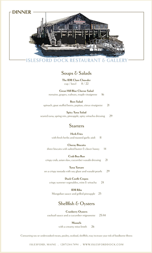 Islesford Dock Restaurant menu page 1