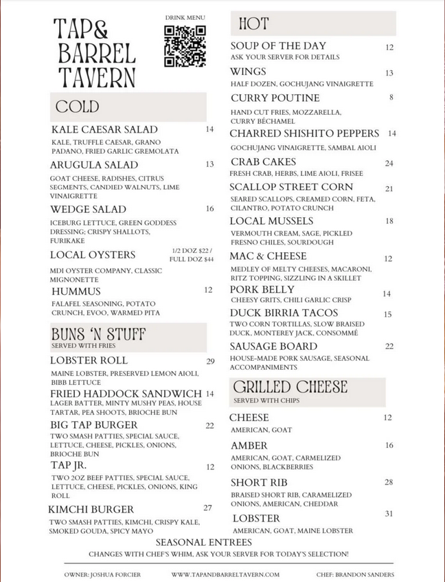 Tap & Barrel Tavern menu page 1