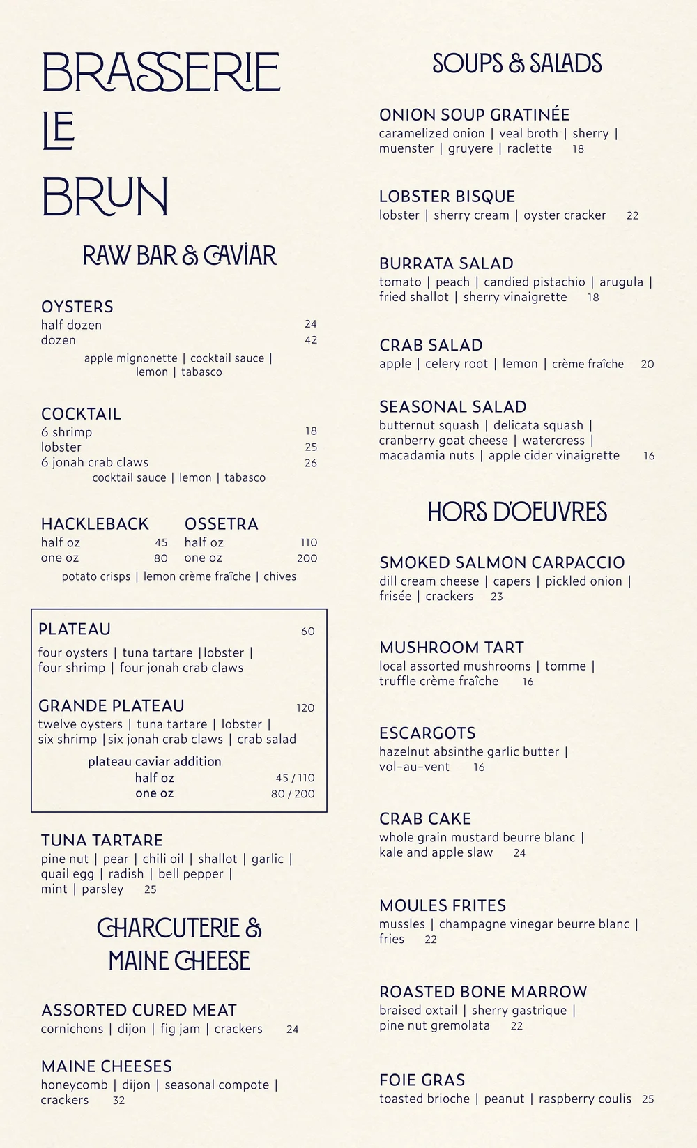 Brasserie LeBrun menu page 1