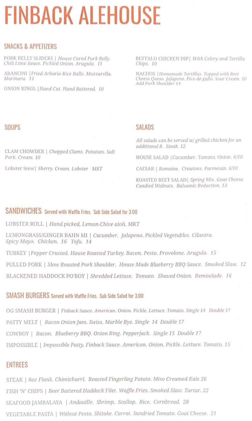 Finback Alehouse menu page 1