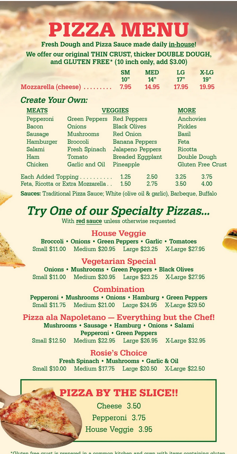 Rosalie's Pizza menu page 1
