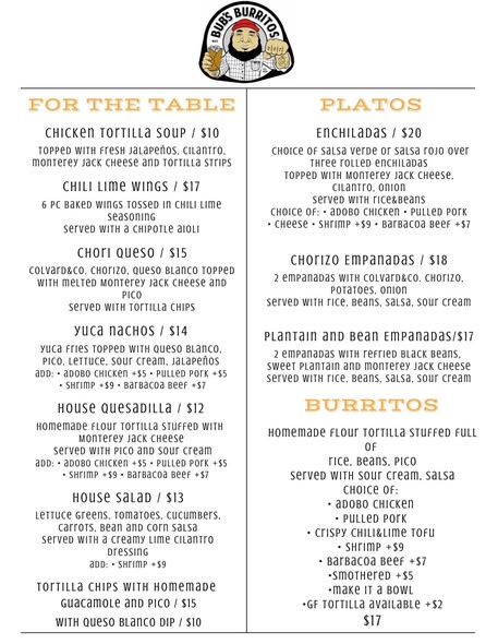 Bub's Burritos menu page 1
