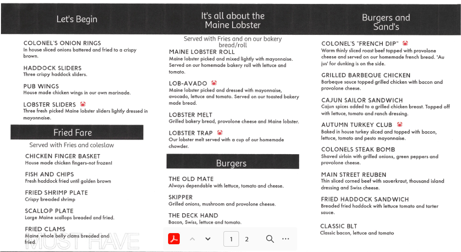 Colonel's Delicatessen menu page 1