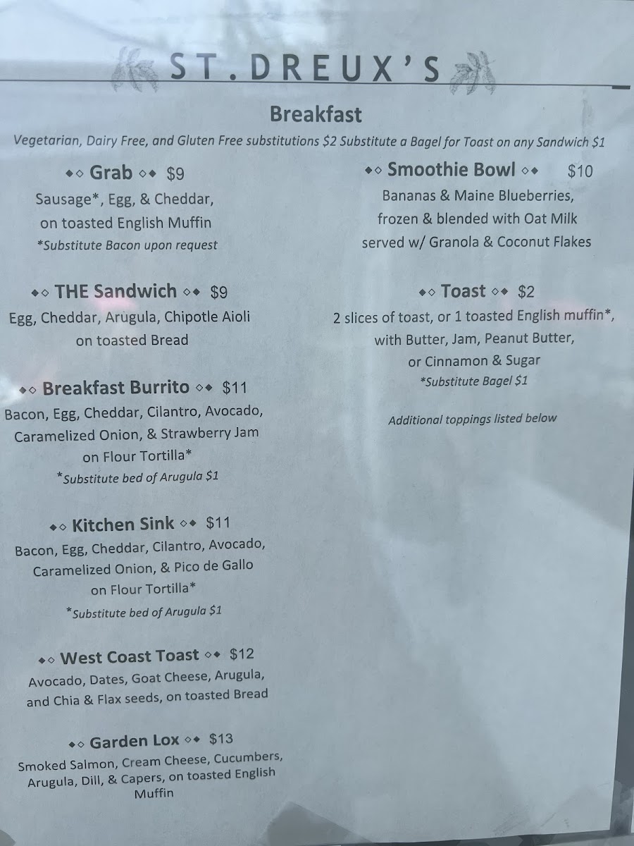 Saint Dreux's Coffee menu page 1