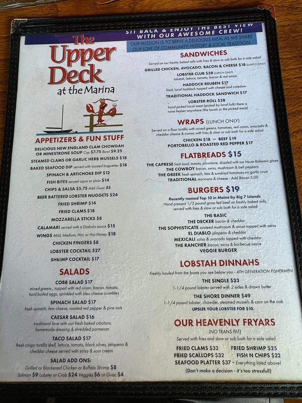 The Upper Deck menu page 1