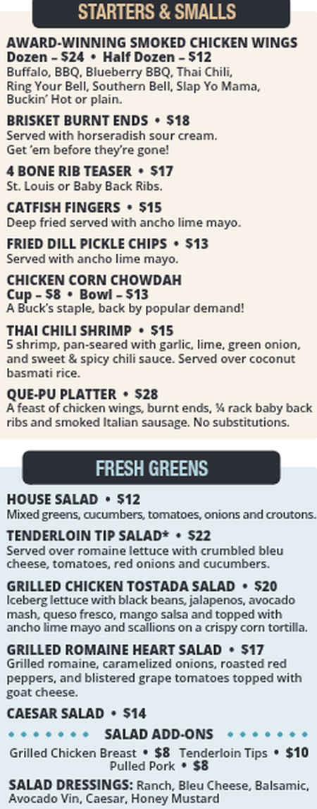 Buck's Naked BBQ menu page 1