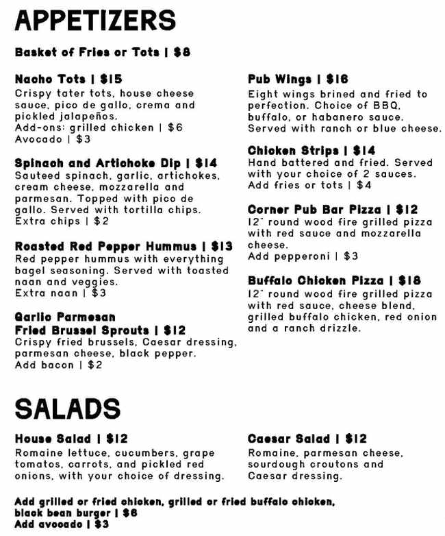 The Corner Pub menu page 1