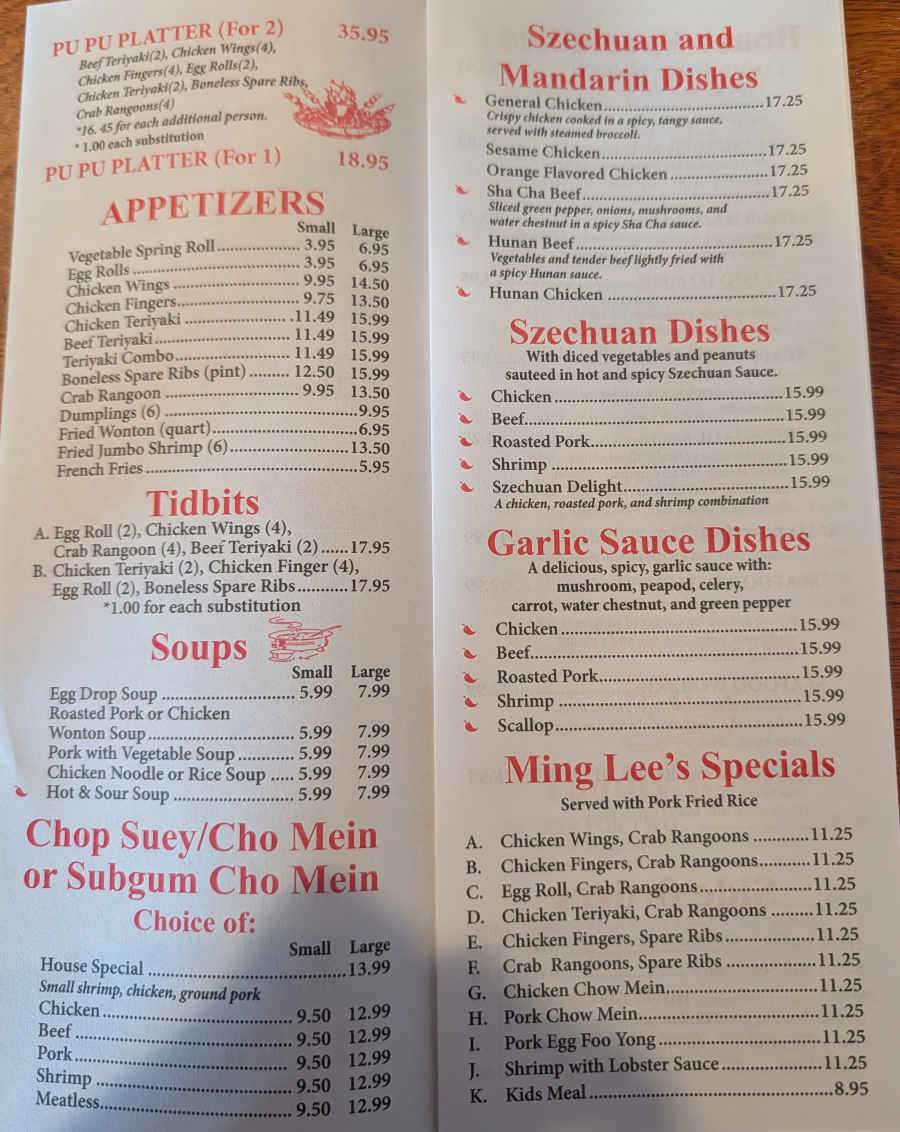 Ming Lee menu page 1