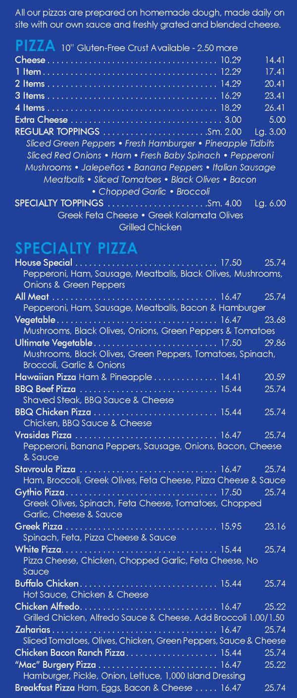 Rita's House of Pizza menu page 1