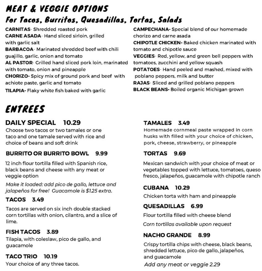 Chela's Dexter menu page 1