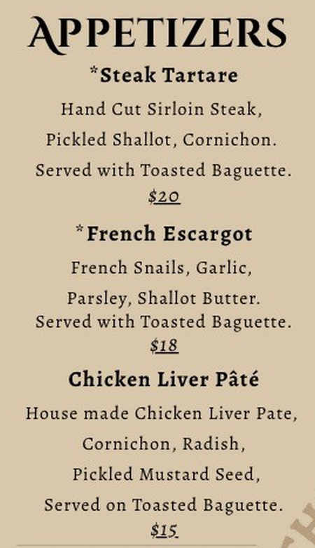 The Chef's House menu page 1