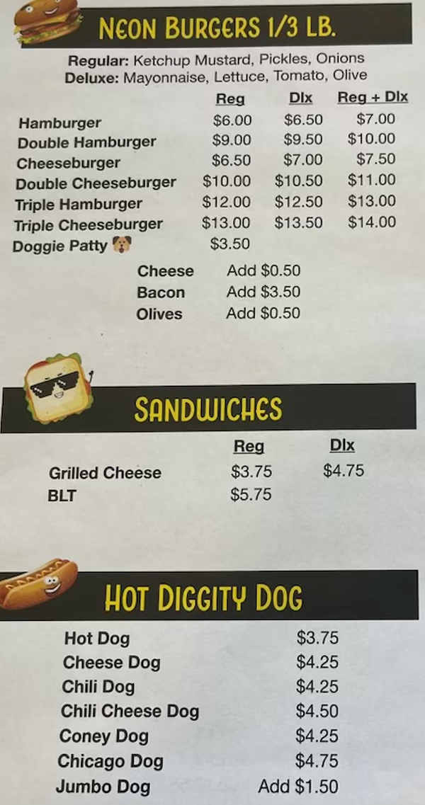 Neon Grill menu page 1