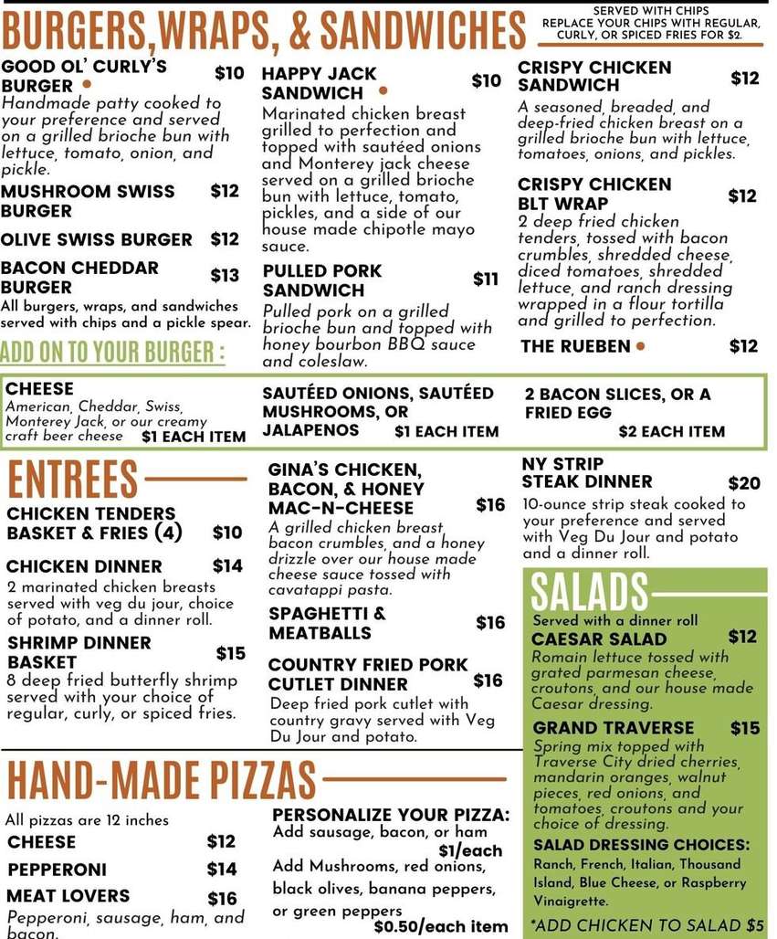 Curly's Bar & Grill menu page 1