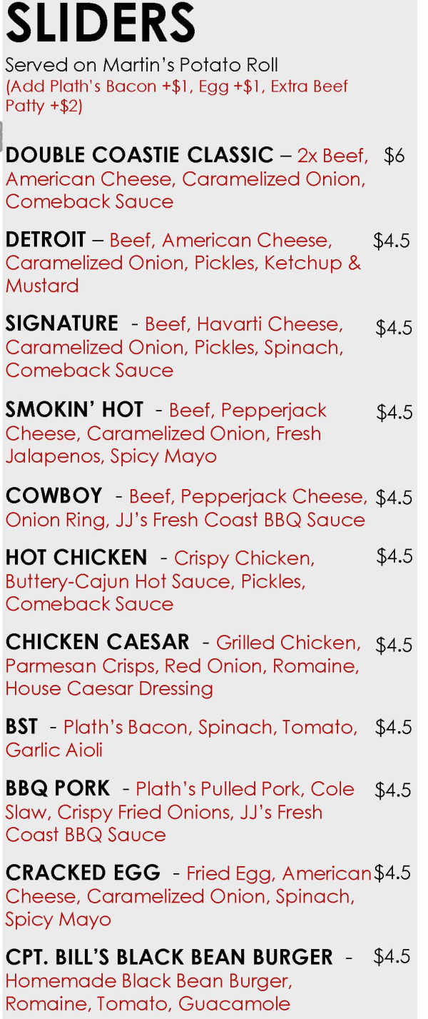 Fresh Coast Sliders menu page 1