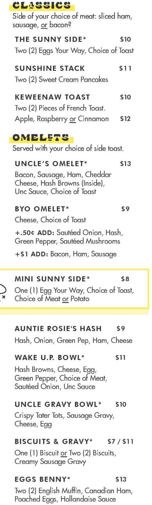 Uncles' Local Diner menu page 1