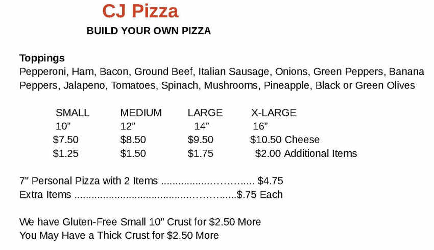 C&J Pizza menu page 1