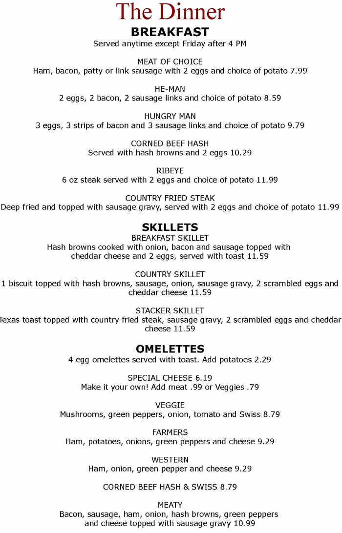 The Diner menu page 1