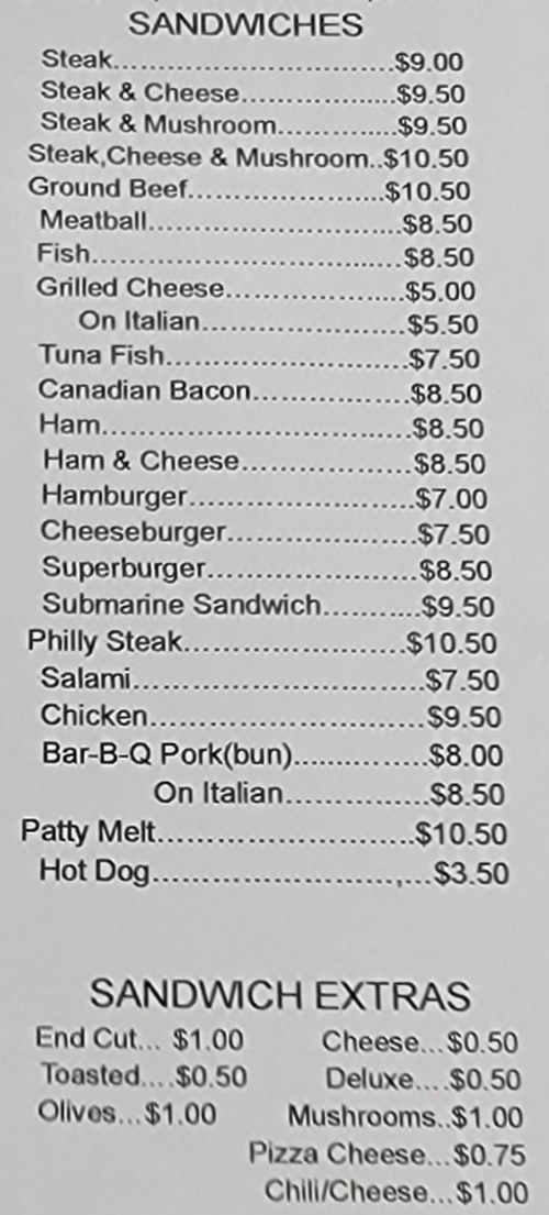 Tony's Take Out menu page 1