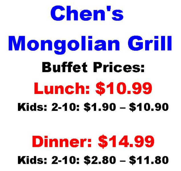 Chen's Mongolian Grill menu page 1