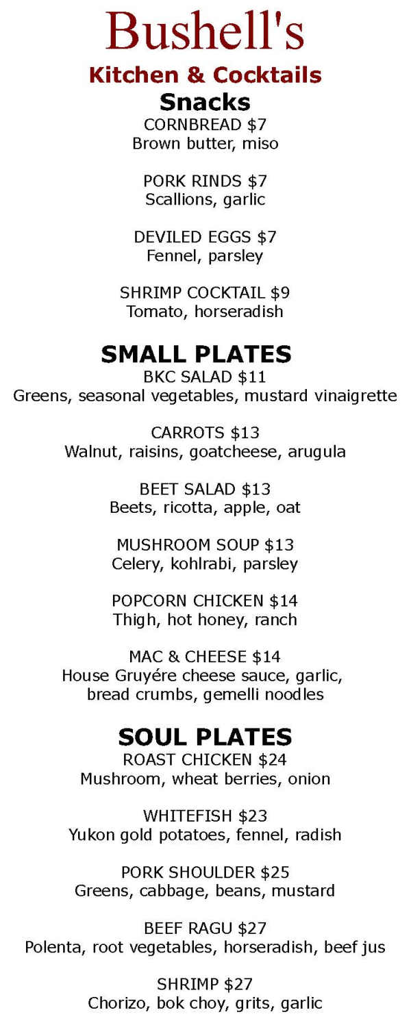Bushell's Kitchen & Cocktails menu page 1