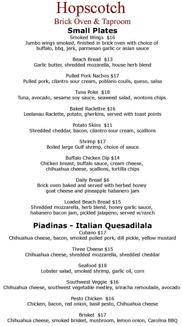 Hopscotch Brick Oven & Taproom menu page 1
