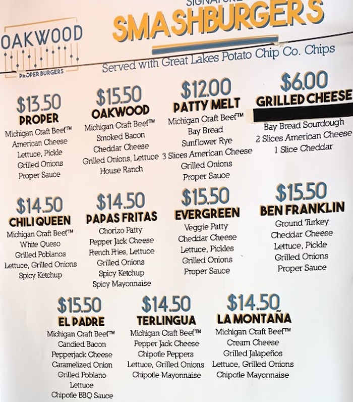 Oakwood Proper Burgers menu page 1